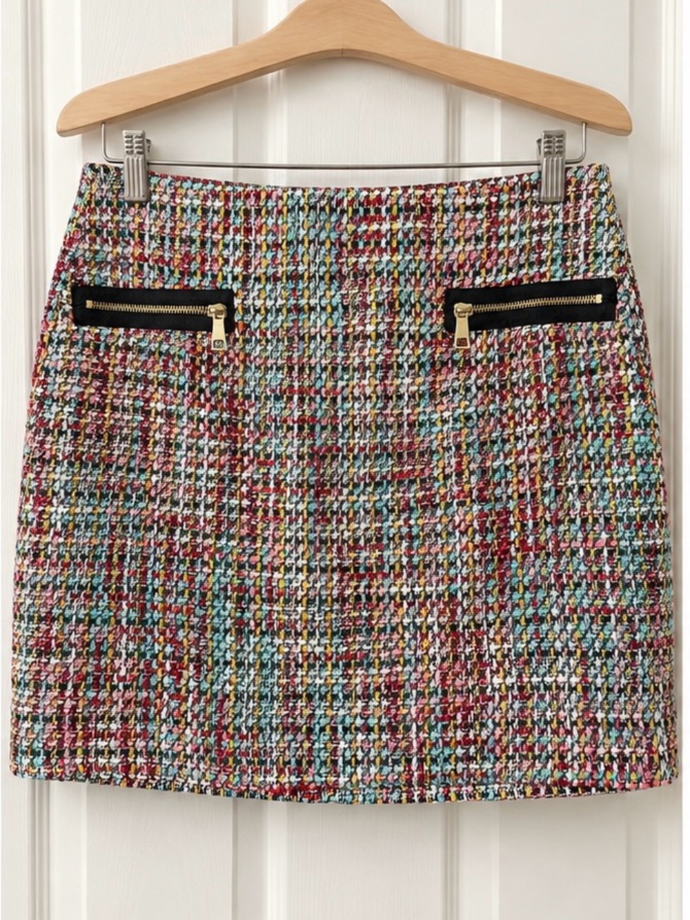 LOFT Women’s Size 10 Multicolor Tweed Boucle Mini Skirt Gold Zip Pockets NWT